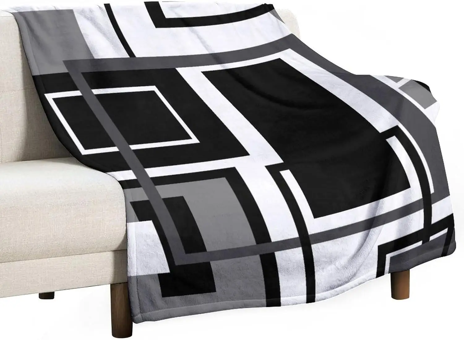 Contemporary Grey Black White Overlapping Square Print Cozy Blanket Ideal For Lounge Bedroom Couch Indoor Outdoor Daily Warm