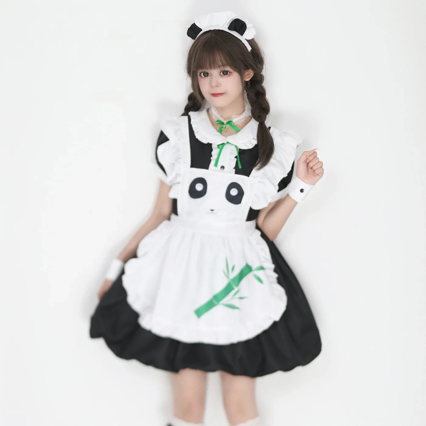 Lolita empregada cosplay fantasia para mulheres, dramatização de Halloween, meninas, preto e branco, panda bonito, traje diário, roupa linda