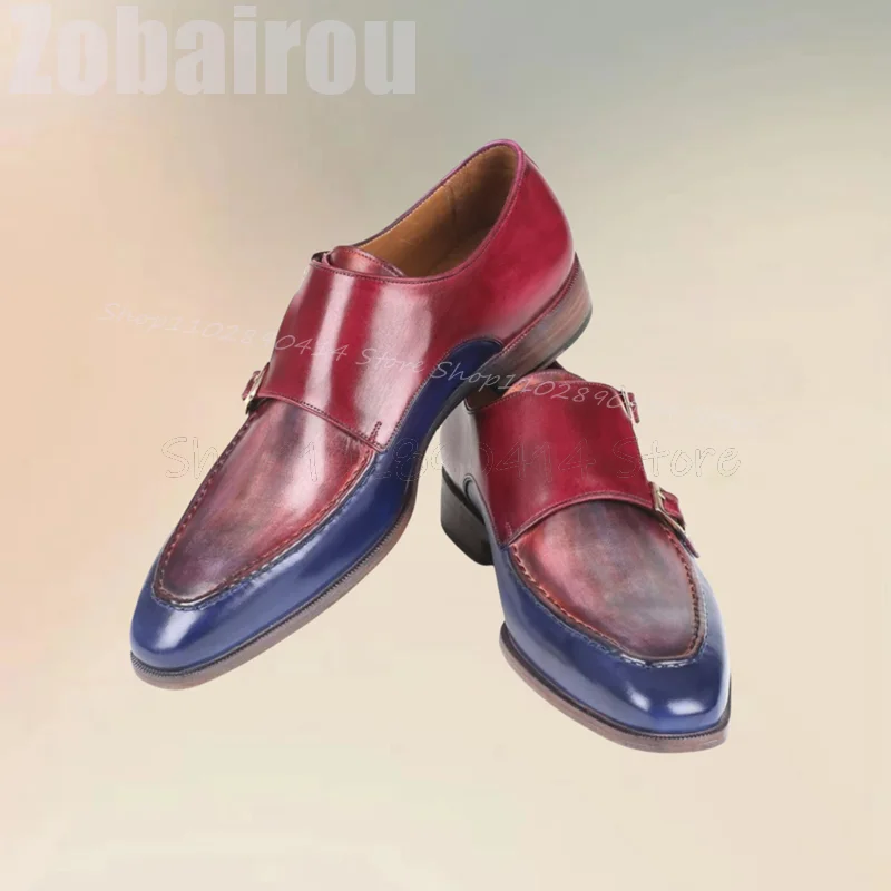 Mocasines de diseño de costura para hombres, zapatos de lujo hechos a mano, sin cordones, decoración de hebilla de Color rojo y azul degradado, fiesta, fiesta