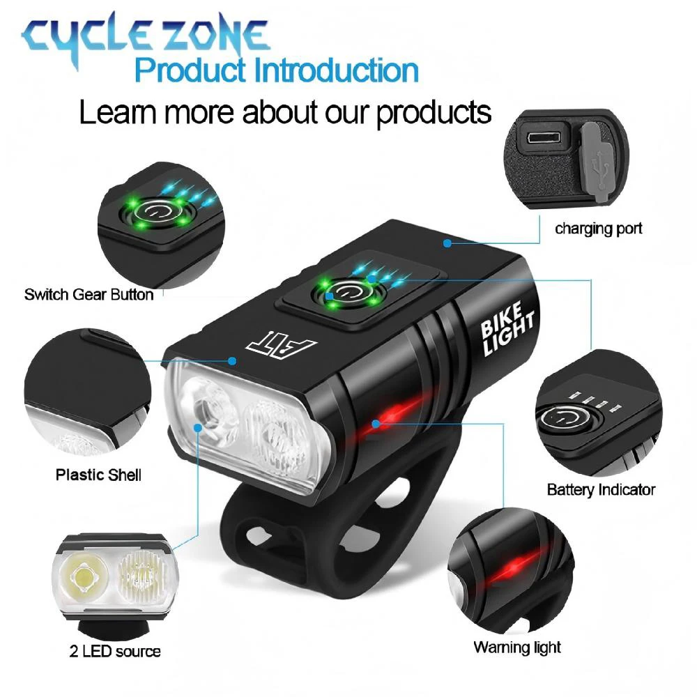 Bicycle Light T6 LED Bike Front Lamp 6 Modes Cycling Lantern Type-C Rechargeable MTB Bike Headlight Flashlight for Night Riding