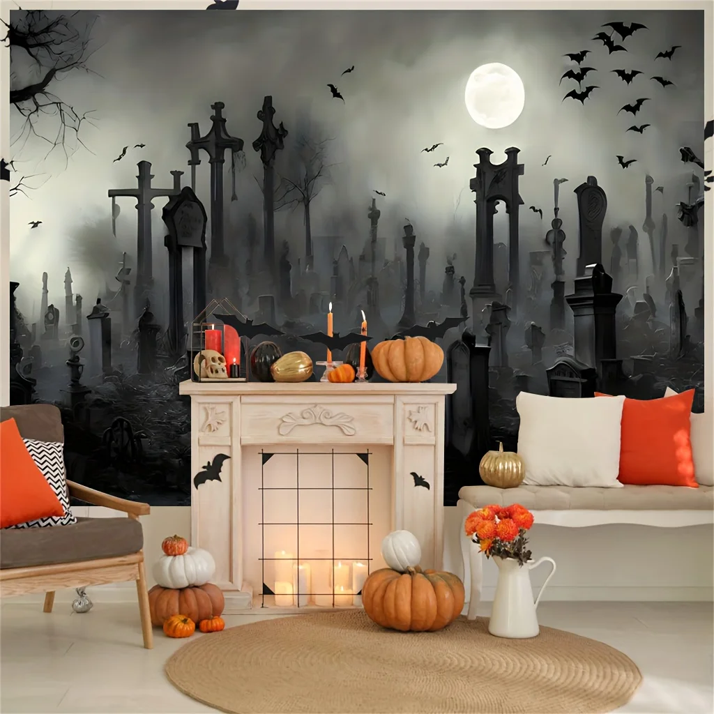 Halloween night full moon background gloomy forest cemetery photography background terrifying cemetery ghost party banner