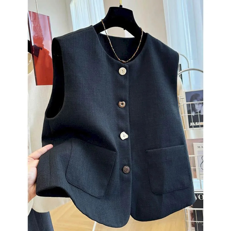 

Solid Waistcoats for Women Loose O-neck Single Breasted Vest Casual Sleeveless Cardigans Korean Style Autumn Coats Women Tops