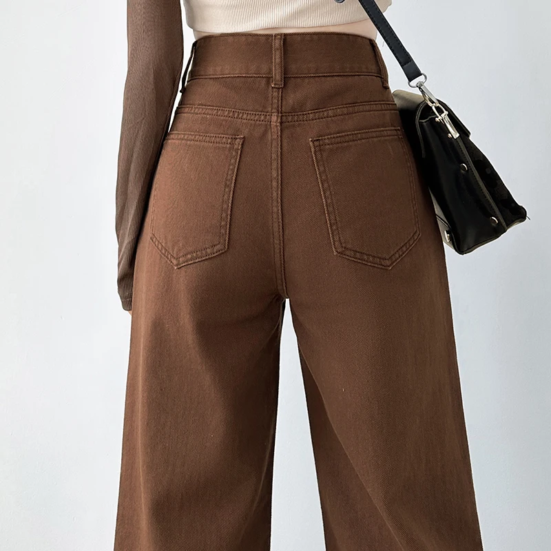 Wide Leg Mop Pants Dopamine Coffee Brown Denim Jeans Women High Waisted Straight Loose Fitting Long Pants Soft Drape