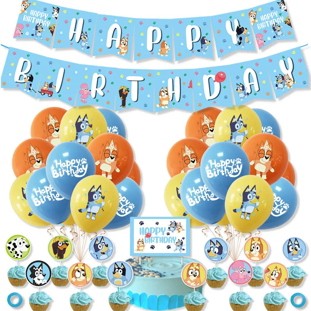 Bluey Birthday Balloon Pull Flag Banner Cake Card Set For Children Boys Girls Birthday Decoration Layout Children's Good Partner