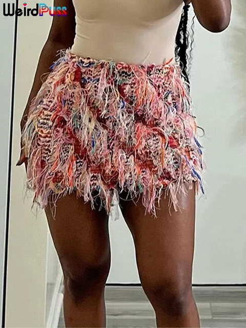 Dziwne koty kolorowe spódnice z frędzlami brzoskwiniowe biodra damskie cienka dzianina dzikie seksowne północne letnie trendy rozciągliwa obcisła odzież uliczna Bodycon