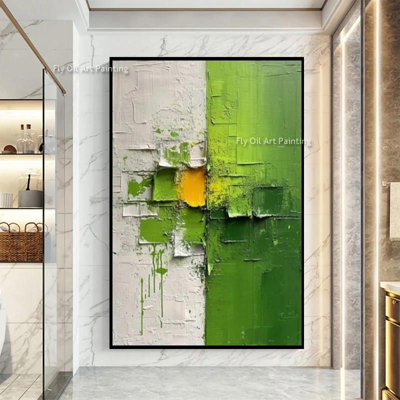 Original Hand Painted Green Geometric Textured Art, Vertical Relief Canvas, Fresh Minimalist Home Wall Art