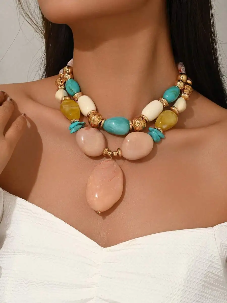 

Bohemian Resin Beaded Necklace With Large Pendant Multicolor Floral Pattern Women Fashion Jewelry