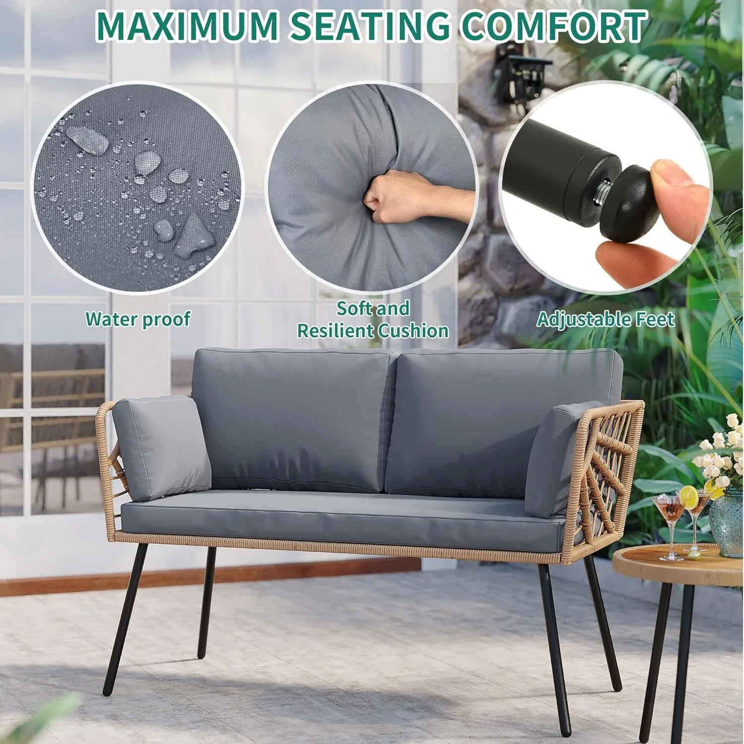 Loveseat-sofá de mimbre para exteriores, conjunto de muebles seccionales para exteriores con mesa, para balcón, Patio trasero, porche, terraza