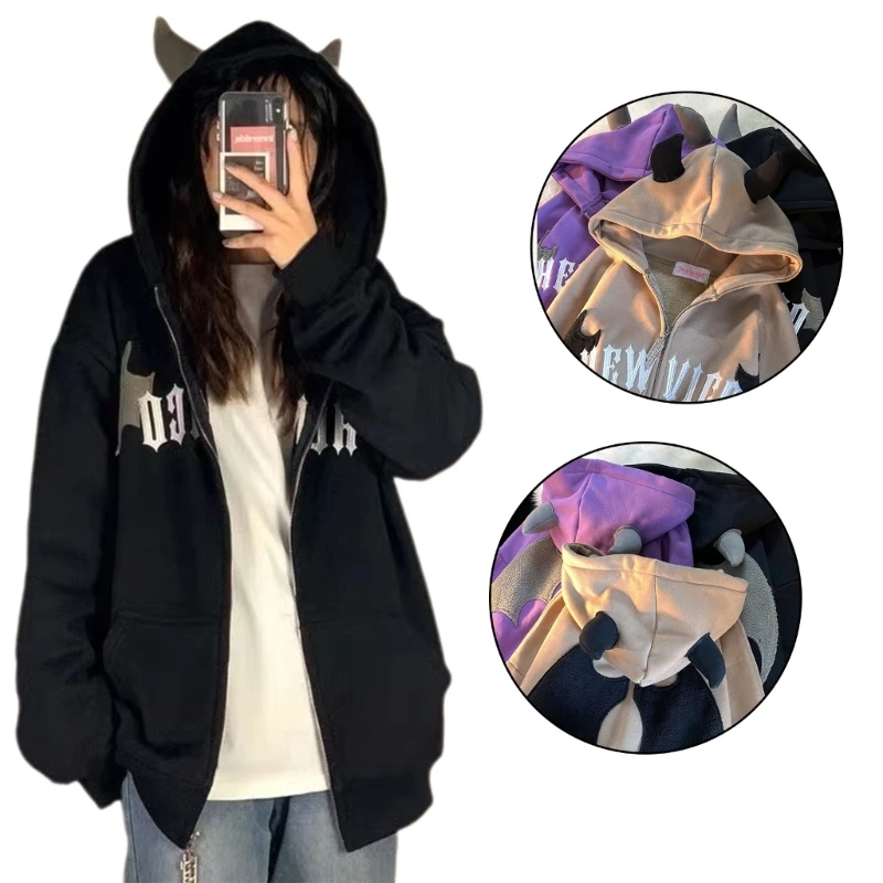 Stylish Womens Devil Horn Sweatshirt Long Sleeve Hoodie Zipper Tops