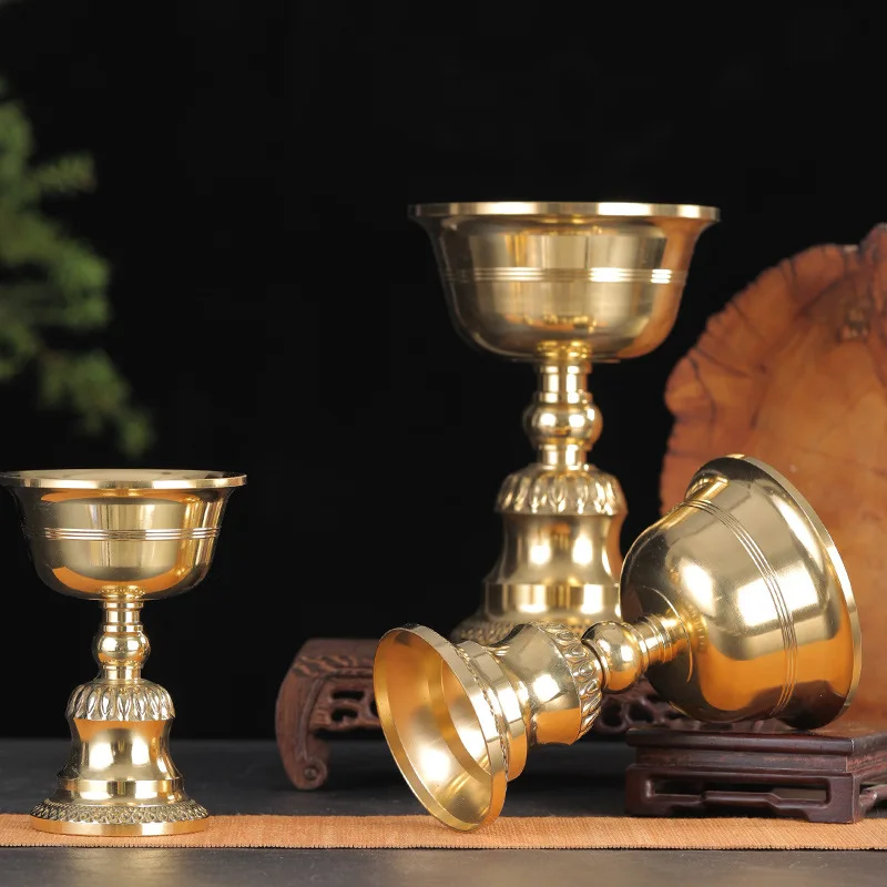 Tibetan Eight Auspicious Symbols Brass Butter Lamp Holder Buddhist Altar Candle Stand Puja Lamp