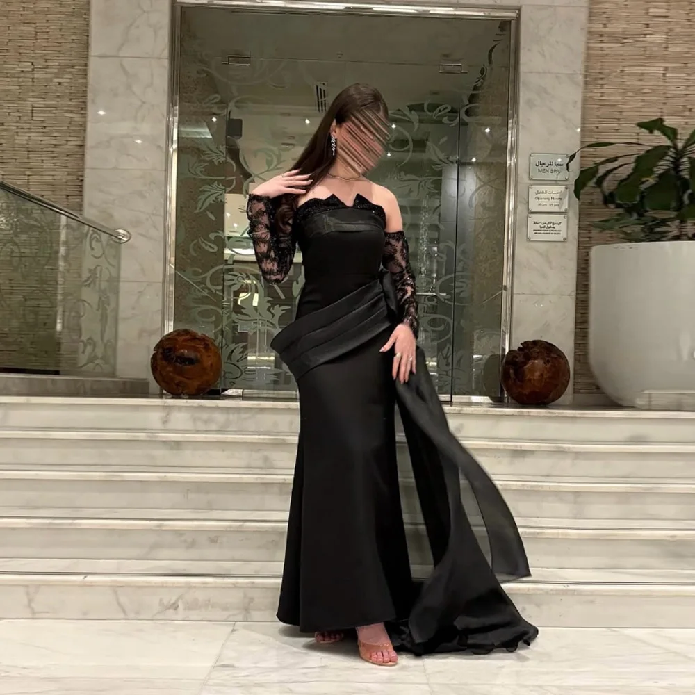 

Saudi Dubai Evening Dress with Detachable Long Sleeves Beading Mermaid Formal Party Gowns for Women Strapless Prom Dresses Custo