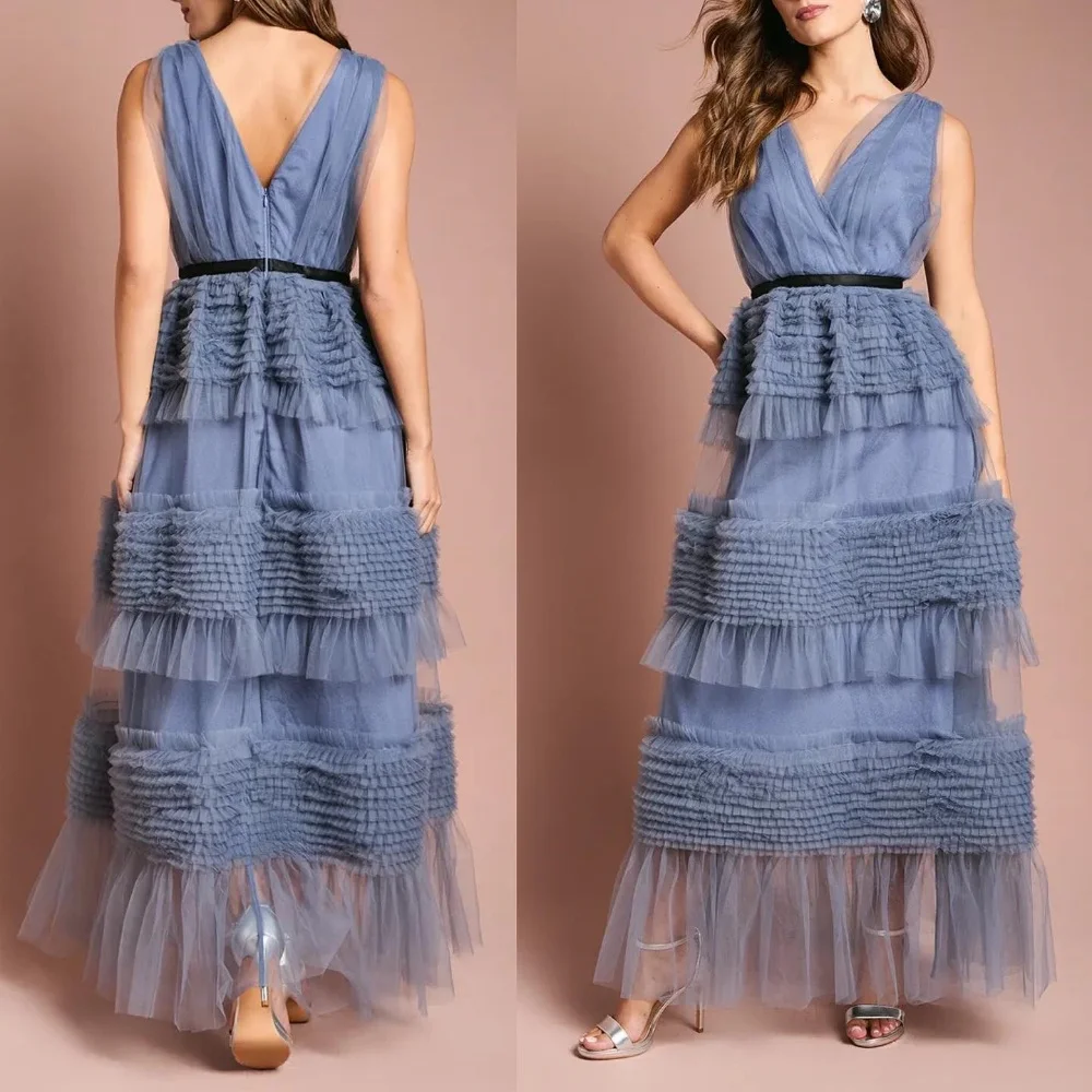 

Customized Matching Modern Style Tulle Pleat Sash Tiered A-line V-neck Midi Dresses Bespoke Occasion Dresses Sizes Available
