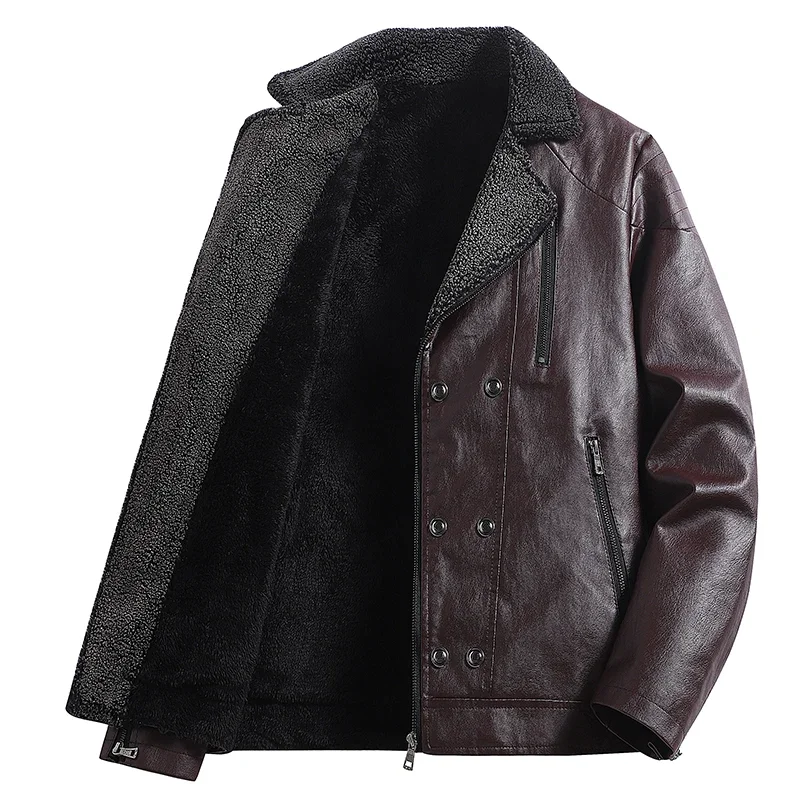 

Business Clothing Man Fleece Thickening Leather Jackets New Retro Style Keep Warm Coats Winter Flip Collar Windproof Jackets
