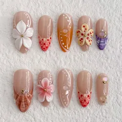 10Pcs Handmade Long Almond Press on Nails Art Party Cute French Flower Fake Nails 3D Pink False Nails with Nail File Set