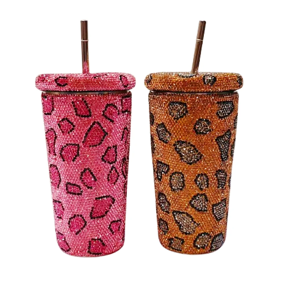 

Бутылка для воды с леопардовым принтом, нержавеющая сталь 304, кофейная кружка со стразами и соломинкой для чашек для горячих и холодных напитков, 500 мл