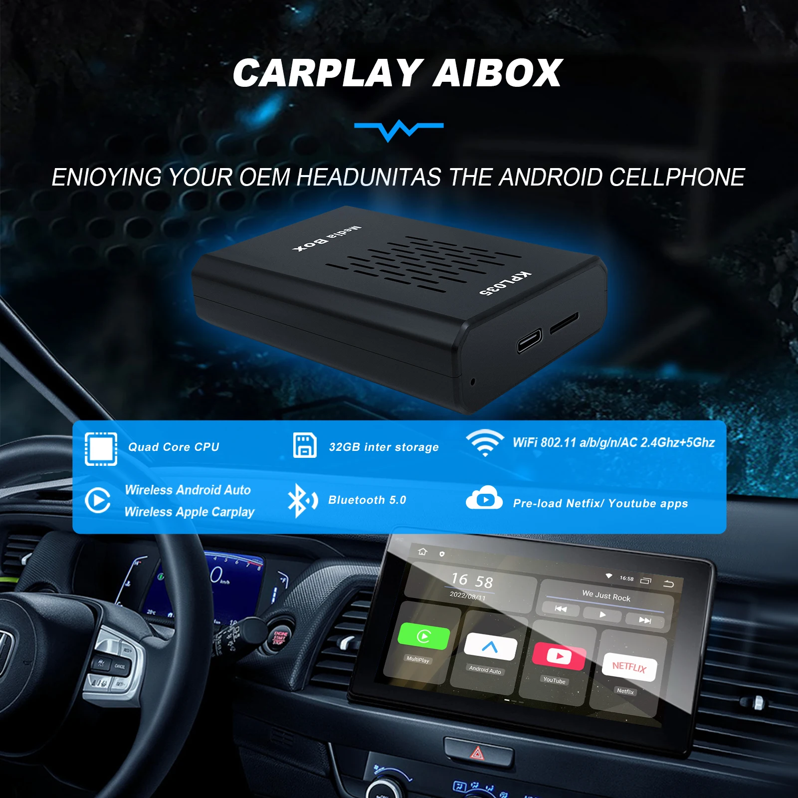 

Ezonetronics CarPlay AI Android Box Car Multimedia Player Quad core 2+32G Android 11 Wireless CarPlay and Android Auto
