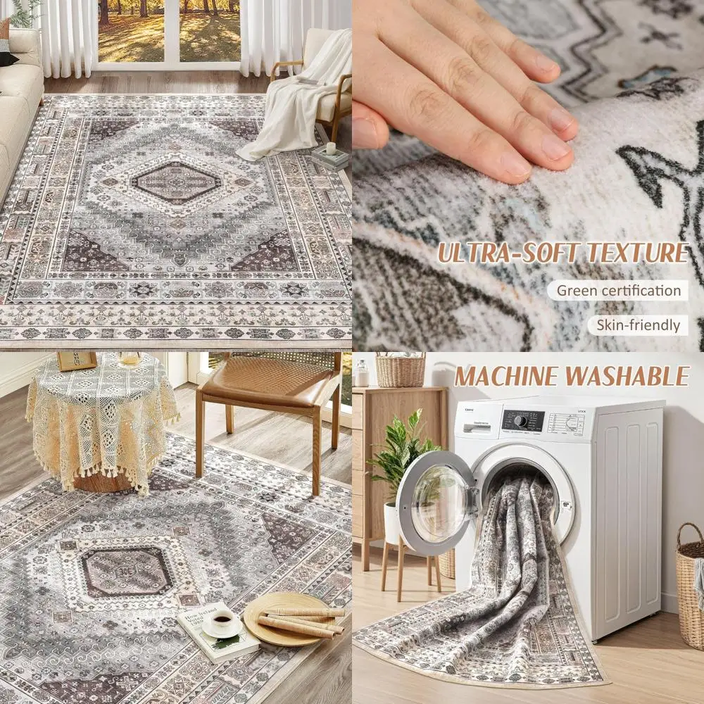 

Large Boho Neutral Vintage 9x12 Rugs: Soft, Washable, Stain Resistant Area Rugs for Living Rooms and Bedrooms with Non-Slip Back