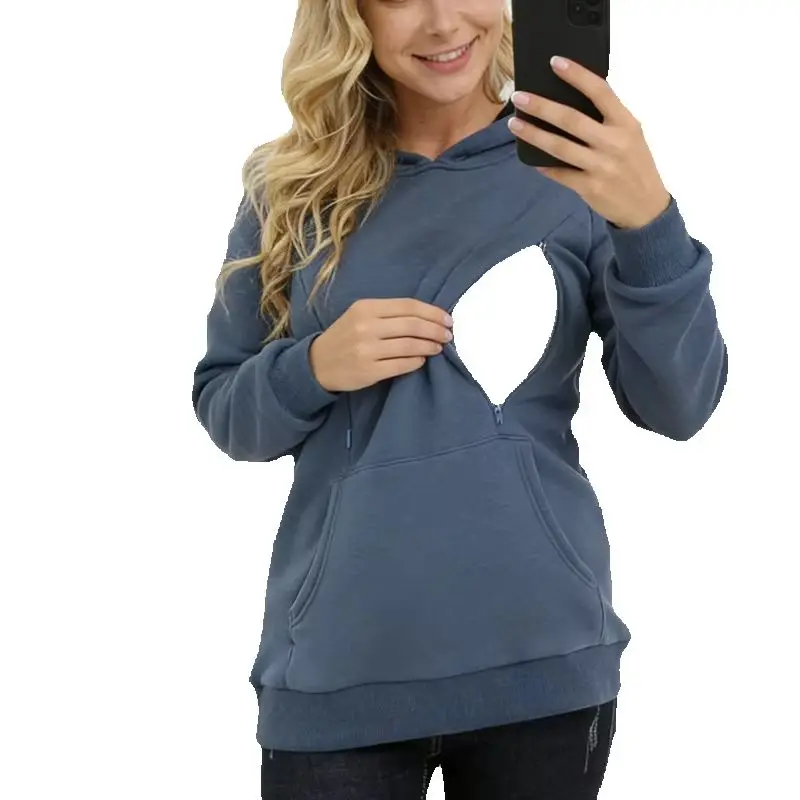 暖かいフリース裏地付き授乳用パーカー、マタニティ長袖サイドジップ授乳ポケット付きカジュアル冬用妊娠スウェットシャツ