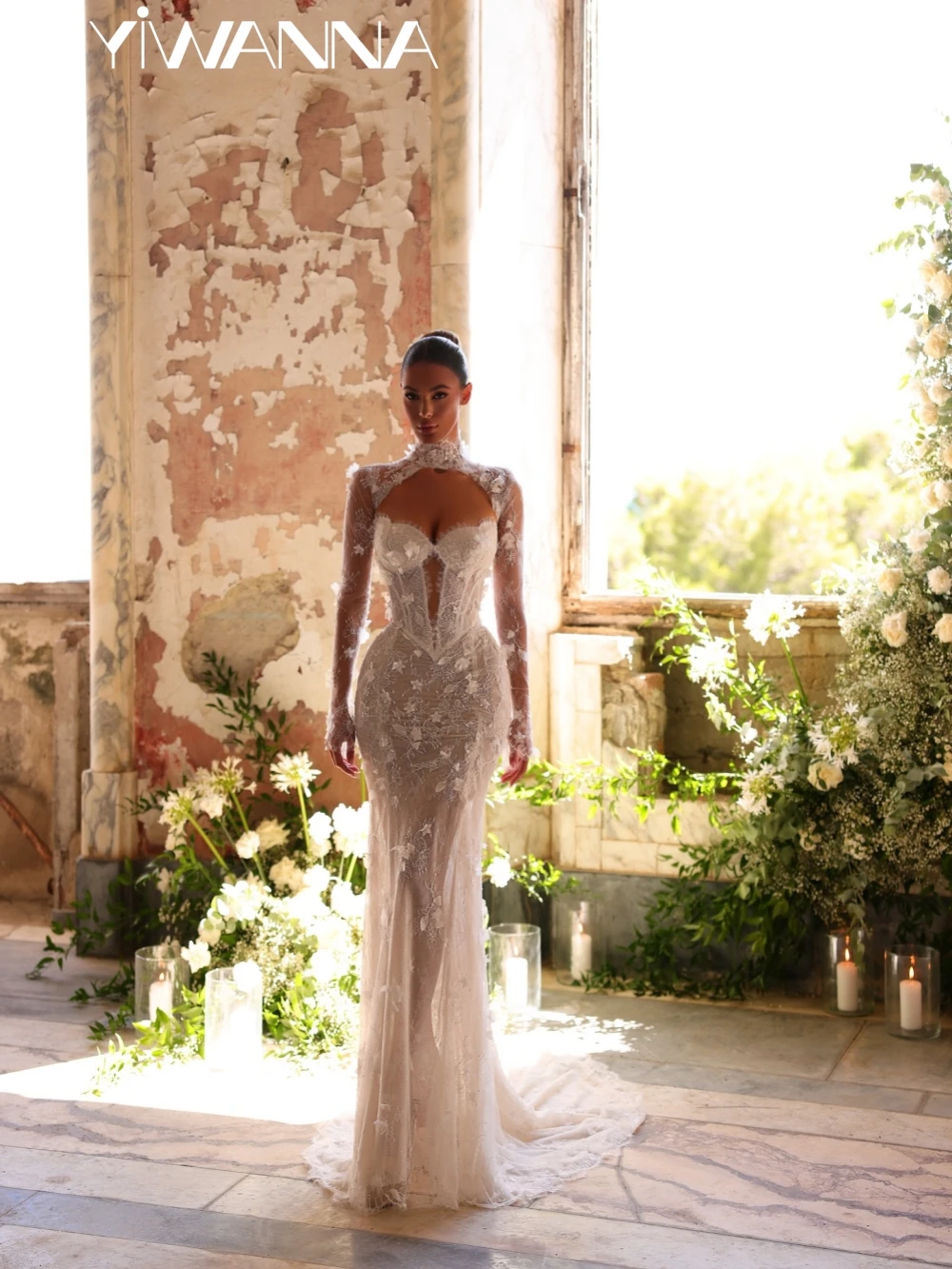 

Charming Lace With 3D Flower Long Wedding Dress Illusion High Collar Bridal Gown Customized Dreamy Ivory Dresses For Bride
