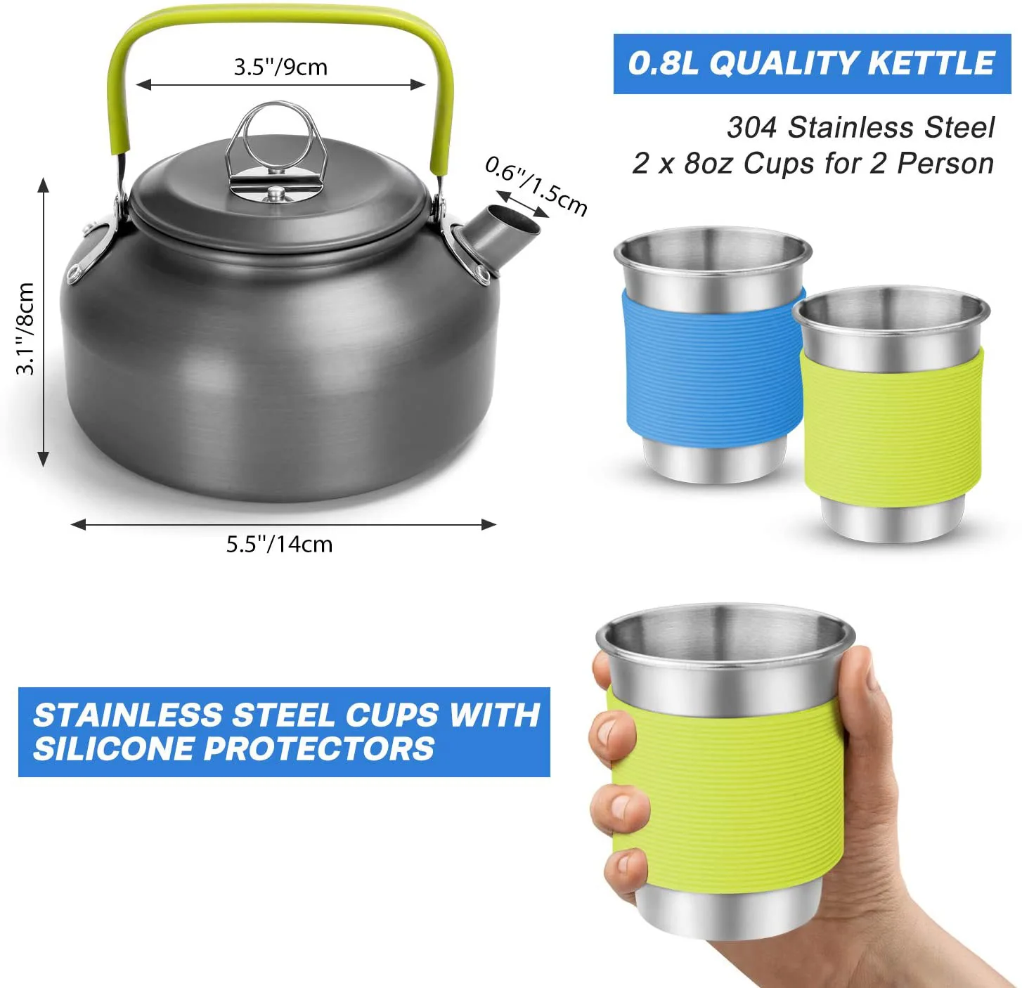 Portable Tableware Combination Cooker Set, Outdoor Camping, Picnic, Hiking, 2-3 Person Pot, Tea, Coffee, Kettle Cup, Pan, A788