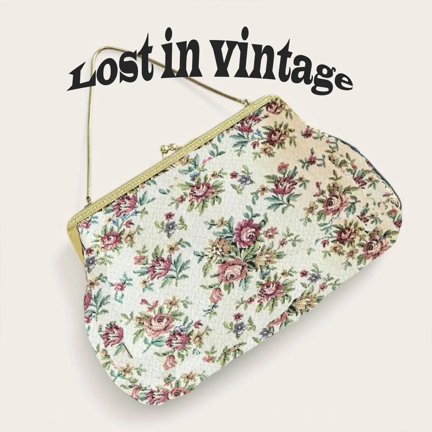 Lost in Vintage Thread Embroidered Bag Metal Handle Petitpoint Clutch Antique Kiss Lock Crossbody Kiss Lock Frame Evening Bag
