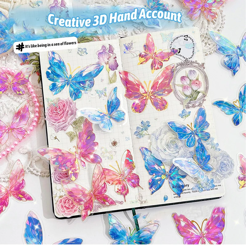 20 PCS/Pack laser Butterfly Stickers Creativity Exquisite Rose Stickers Ice Crystals Shiny DIY Retro Hand Made Decorative Decals