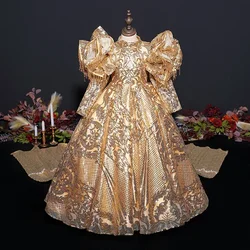 Robes de demoiselle d'honneur vintage à col rond pour enfants, robe de princesse courte à paillettes avec broderie et perles, longueur au sol, robe de soirée élégante de luxe, H563