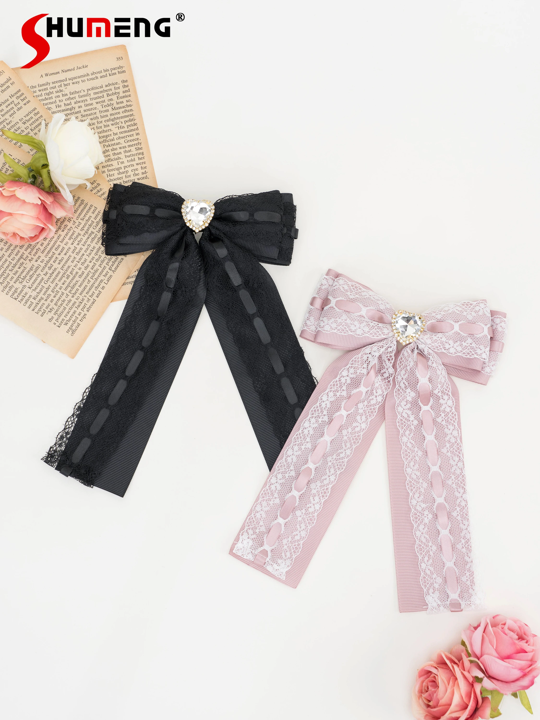 Sweet Mine Mass-Produced Lace Black Brooch Lolita Large Rhinestone Love Heart Bow Tie Brooch Bow Tie Barrettes Hair Accessories