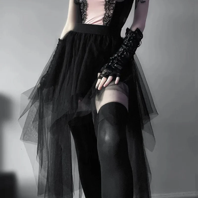 Sexy Net Yarn High-Waisted Irregular Skirt for Women Summer New European and American Gothic Style Versatile Casual Skirts Punk
