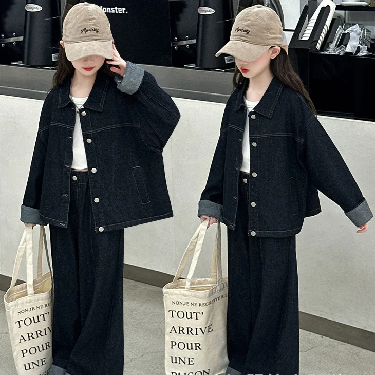 

Children Girl 2pcs Set Autumn Turn Down Collar Single-breasted Coat+Wide-leg Pant Kids Girls Sets Patchwork 4-14Y Girl Denim Set