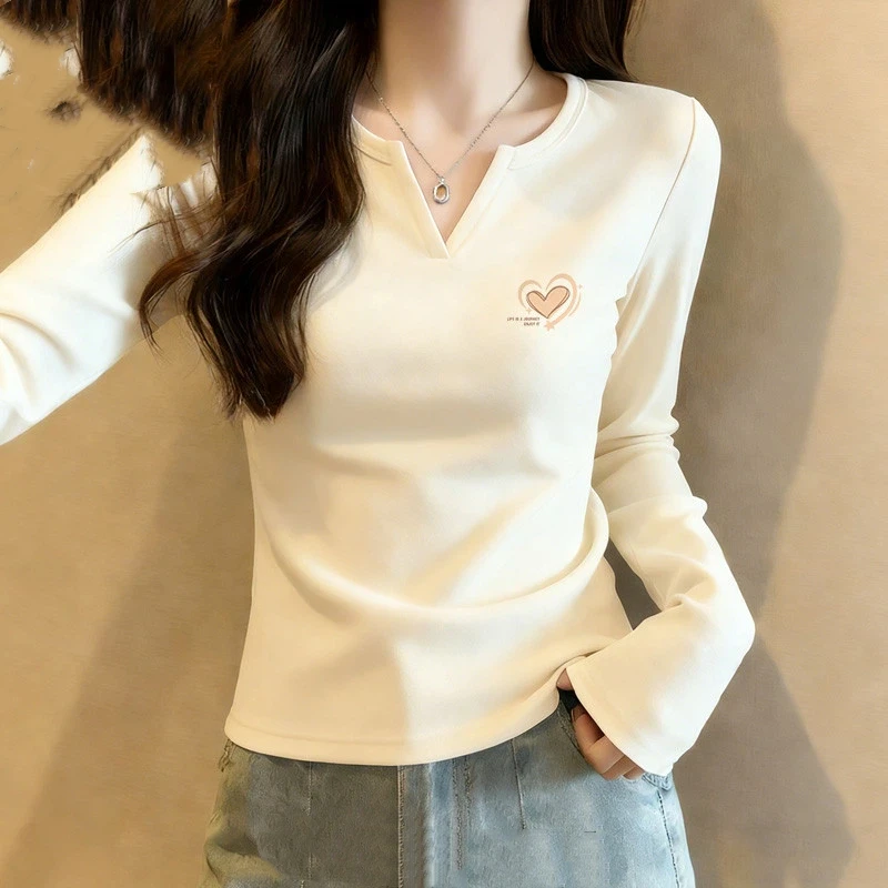 Camiseta de manga larga con cuello en V para mujer, estampado de corazones, ajuste ceñido, talla pequeña, top interior, S-3XL