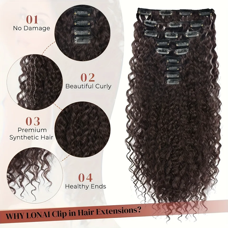 9 piezas de extensiones de cabello rizado con clip de 22 pulgadas, postizos sintéticos largos y gruesos para mujer, marrón oscuro 2