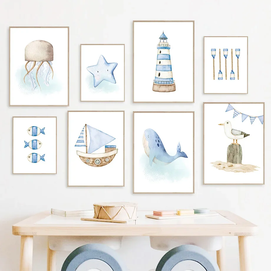 Sailboat Lighthouse Seagull Whale Octopus Star Wall Art Canvas Painting Nordic Posters And Prints Wall Pictures Kids Room Dec