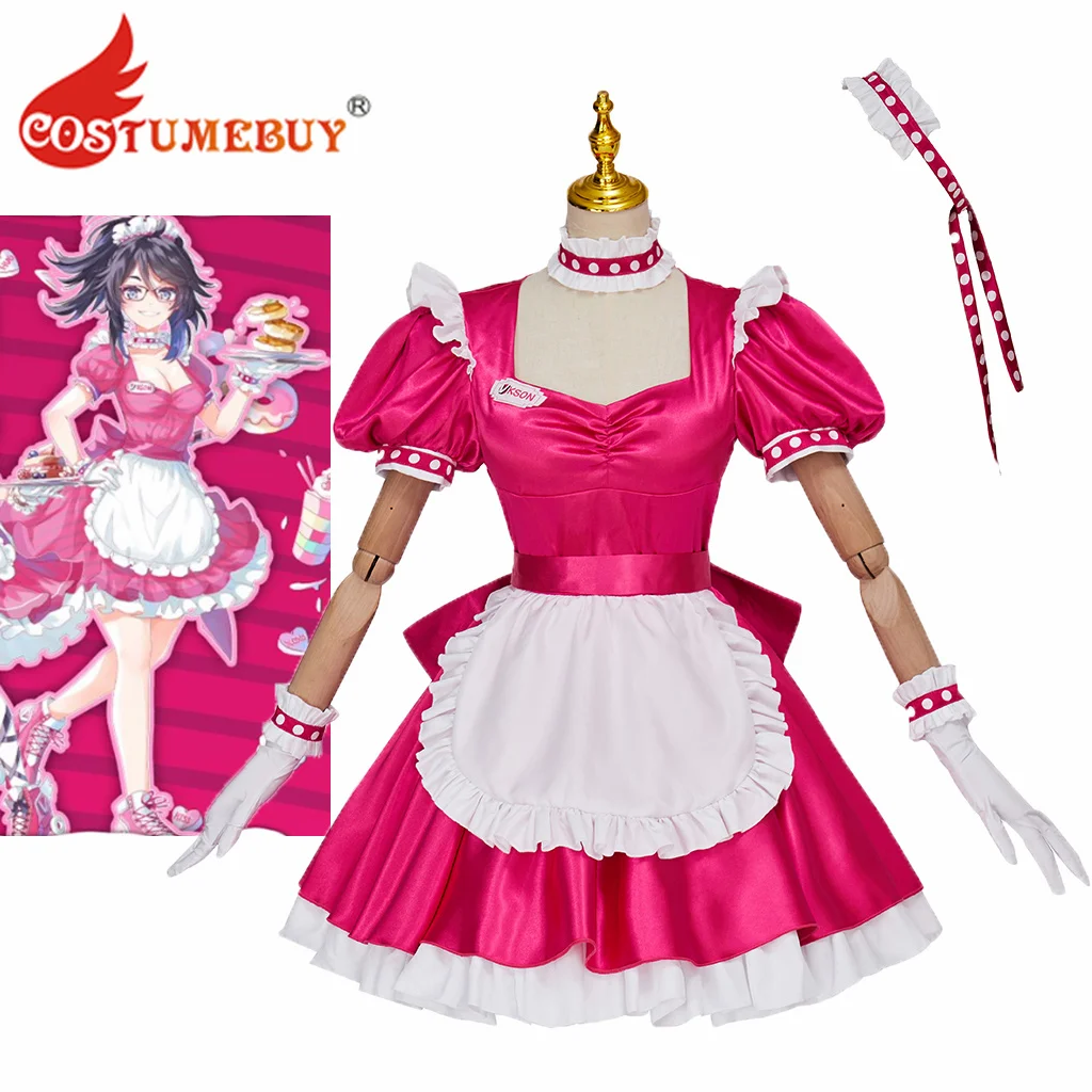 VShojo Maid Cafe Dress VShojo 6 Kson Pink Maid Apron Dress Uniform Waitress Girls Lolita Cute Dress with Gloves Headwear Outfits