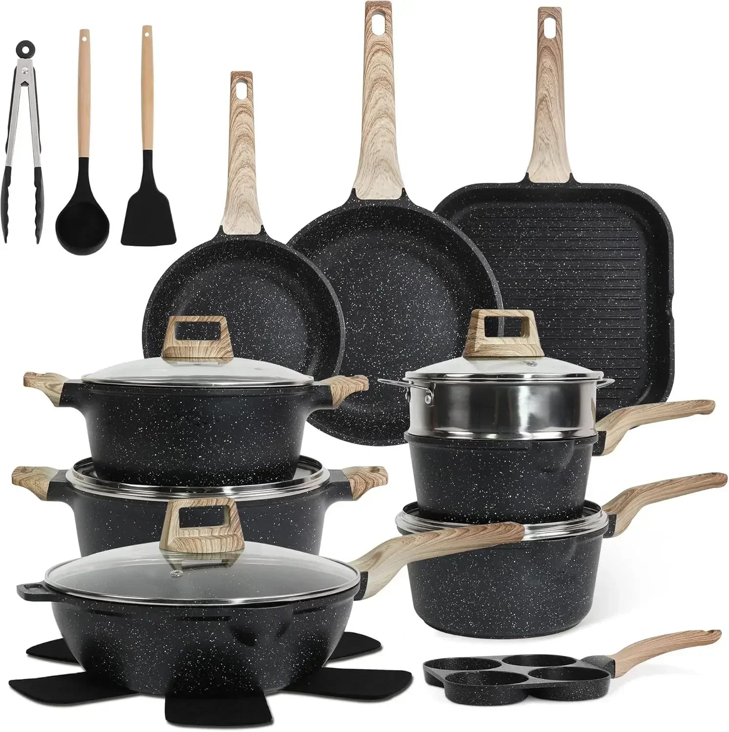 

23-Piece Nonstick Pots and Pans Set – Granite Cookware Set, PFOA-Free – Includes Frying Pans, Saucepans, Griddle, Egg Pan – Indu