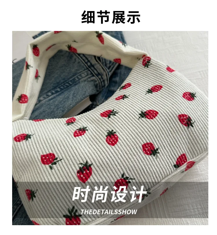 

Women Small Corduroy Handbag Cute Strawberry Print Little Tote Underarm Bag Half Moon Design Eco Cloth Purse Mini Shoulder Bags