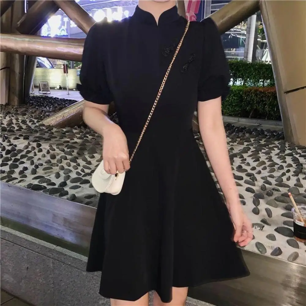 Elegant Modified Cheongsam Dress Women Retro French Tea Break Style Summer Slim Fit Puff Sleeve Midi Dresses Casual Red Vestidos