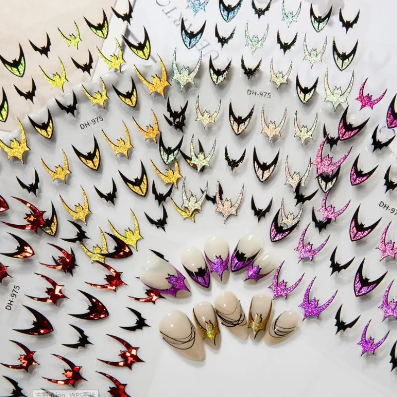 

Лазерное горячее тиснение, Хэллоуин, темная летучая мышь, крест, клейкие наклейки для дизайна ногтей, наклейки для маникюра, блестящие красные, серебряные, черные подвески