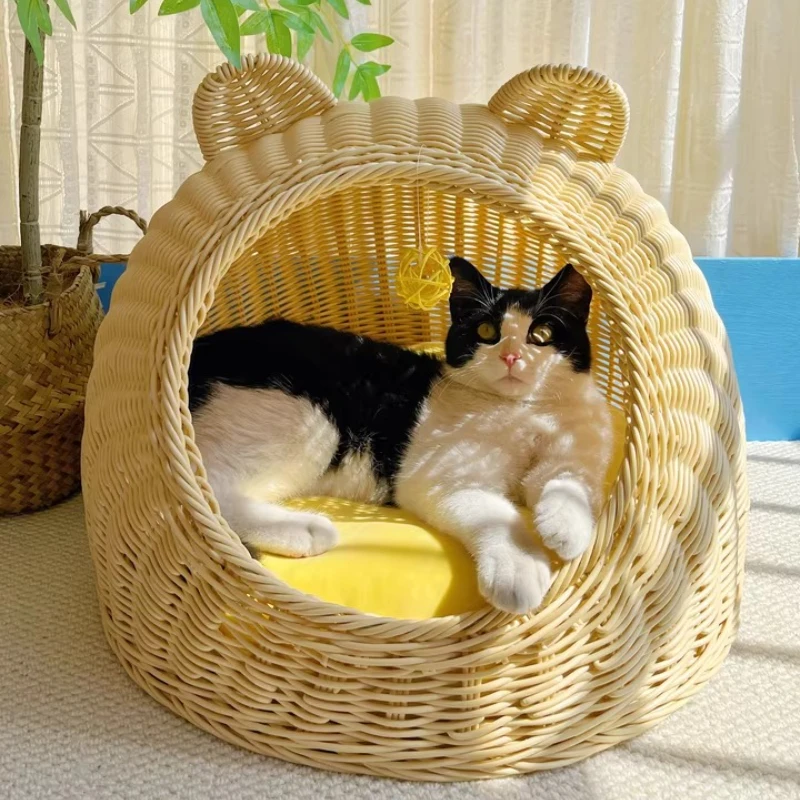 

Imitation Rattan Weaving Cat House Semi-Enclosed Summer Cat Cave Breathable Washable Pet Bed Cozy Safe Haven for Indoor Cats