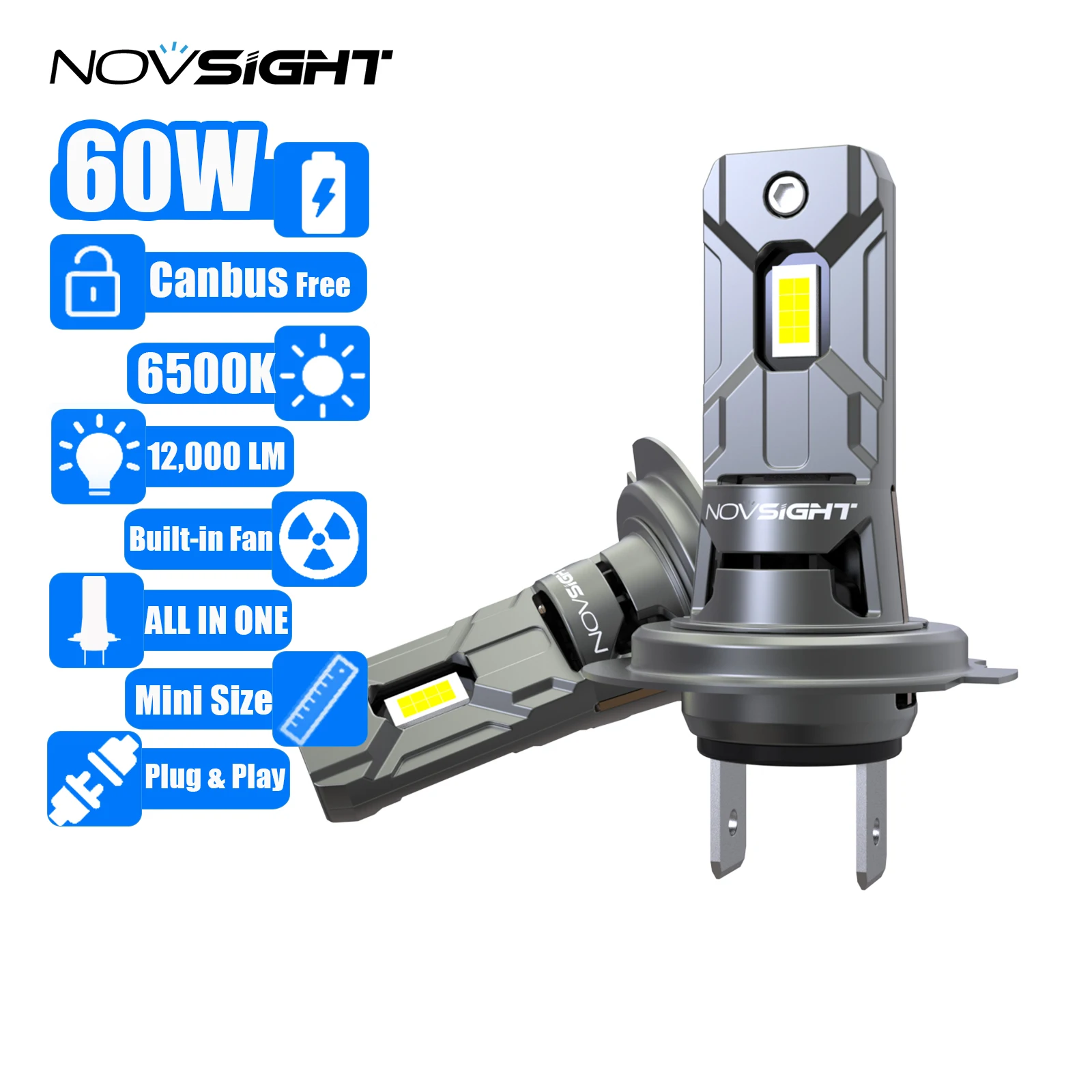 NOVSIGHT H7 LED Car Headlights Auto Head Lamp Bulbs Fog Light 60W 12000LM 6500K Mini1:1 Wireless ALL in ONE With Fan Canbus Free