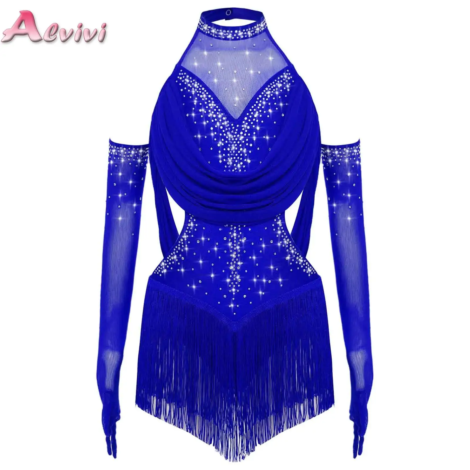 

Children Girls Jazz Latin Bodysuit with 1 Pair Mesh Gloves Lyrical Dance Leotard for Figure Skating Gymnastics Stage Performance