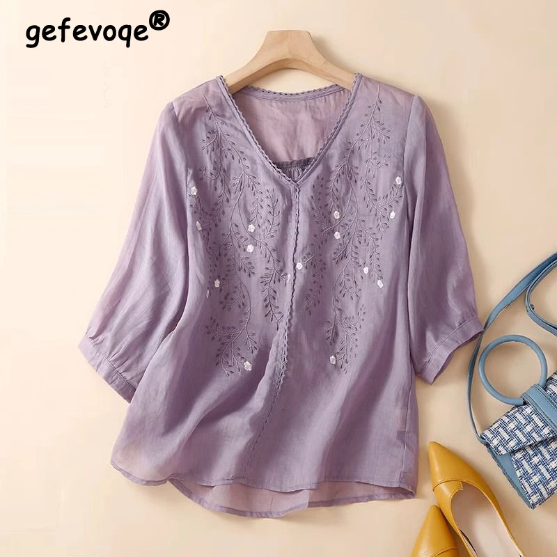 Women Stylish Retro Embroidery Lace Patchwork Blouse Summer High Quality Cotton Linen Shirts Solid V Neck Half Sleeve Loose Tops