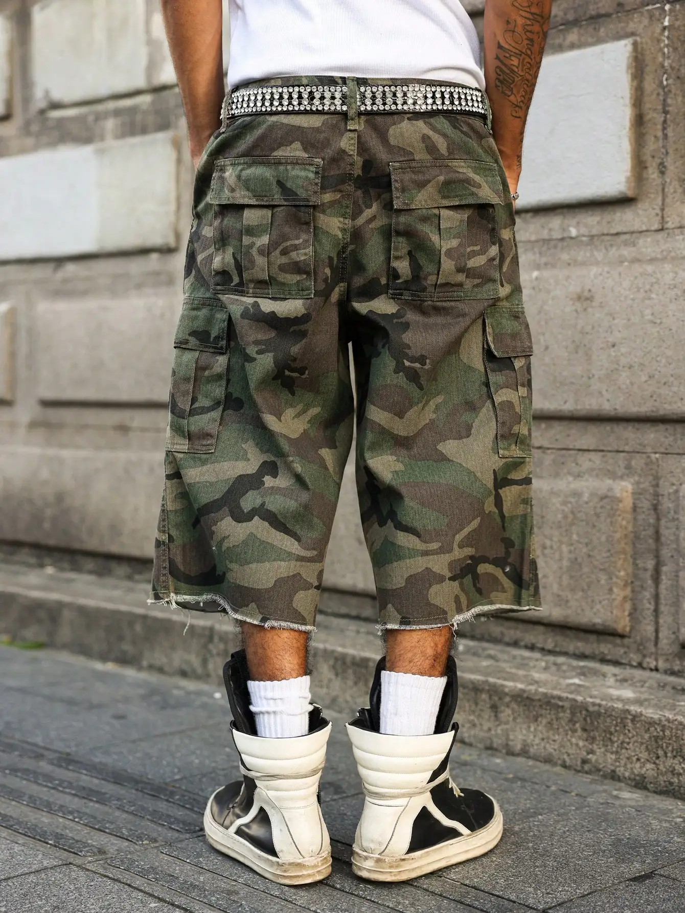 Men's summer denim shorts. Camouflage cargo pants. Multi - pocket design. Street fashion trend. Daily leisure