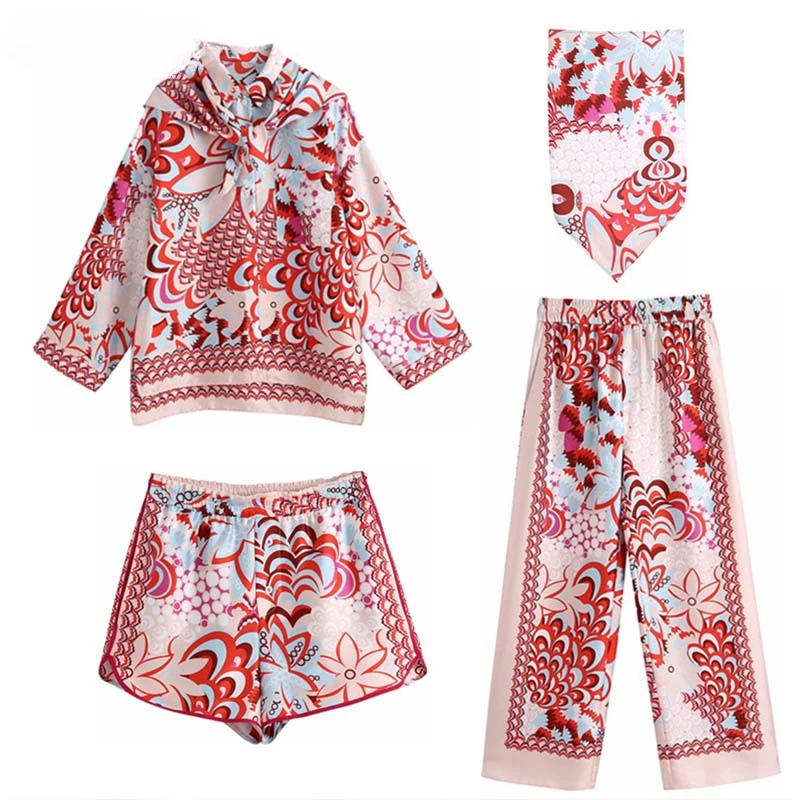 TRAF  Woman Print Shirt Suit 2023 Spring Fashion Elegant Ladies Pants Set Lady Vinatge Beach Suits Two Pieces Sets