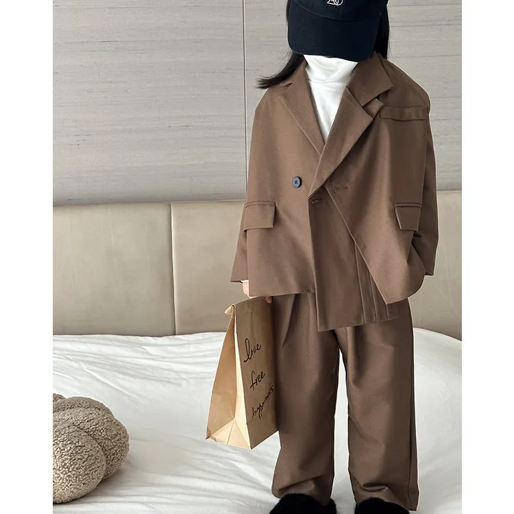 Girl Suit 2023 New Autumn Korean Fashion Style Tailored Suit Solid Cotton Irregular Long Sleeve Top Loose Pants Two Piece Suit