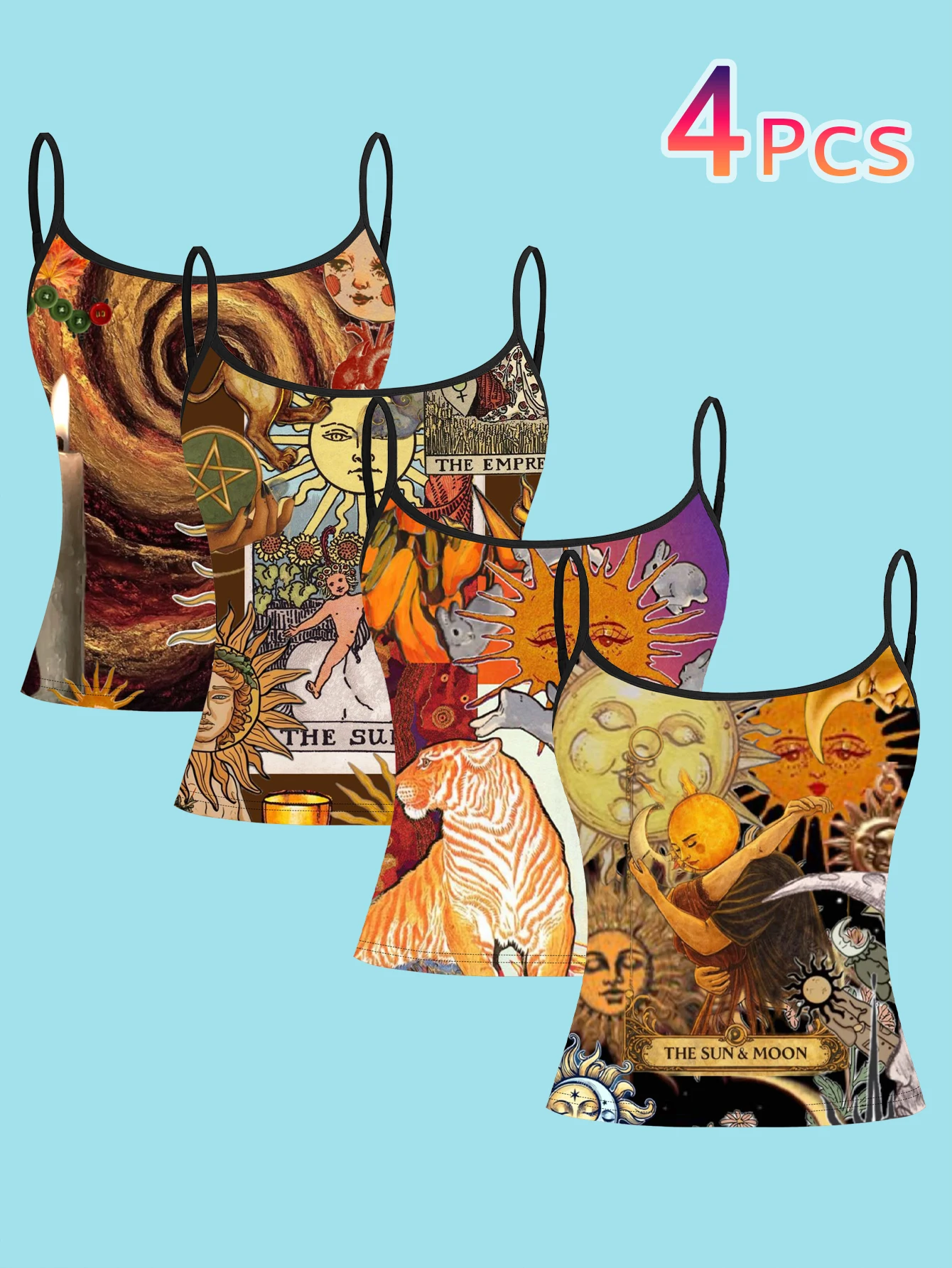 4-Piece Set of Vintage Tarot Card Collage Print Camisole for Women, Sun and Moon Tiger Mysterious Symbol Art Slim-Fit Spaghetti Strap Top