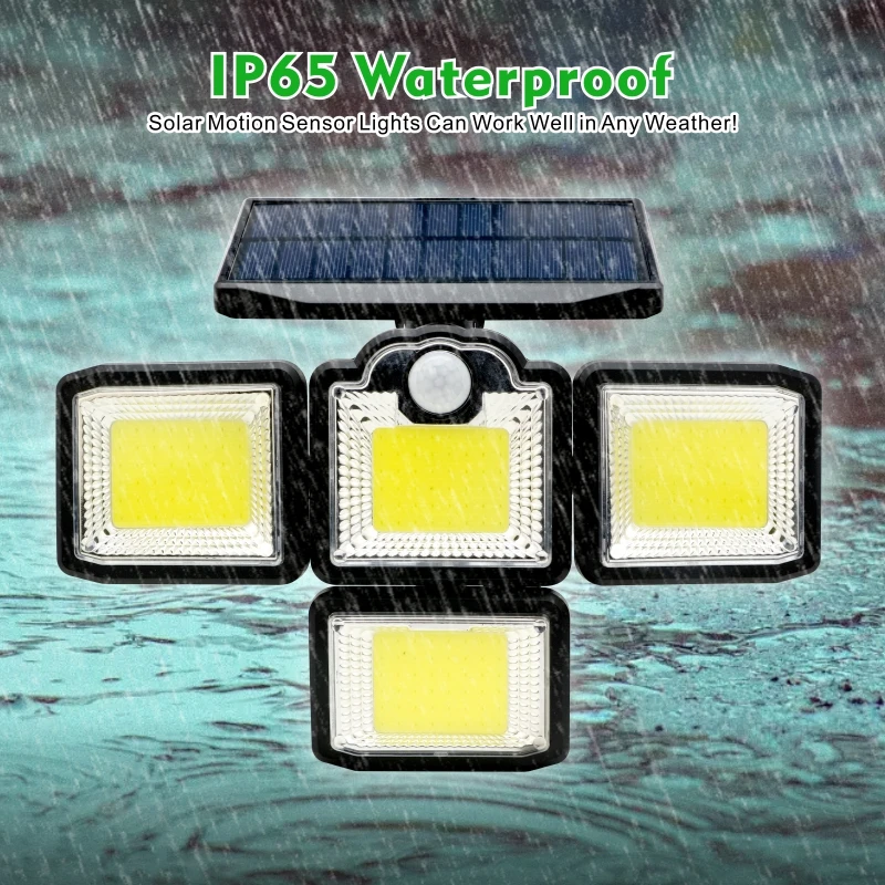 LED Solar Lights 192/198 COB Outdoor 4 Head Motion Sensor Patio Garden Lights Waterproof 3 Modes with Remote Control Wall Lamp