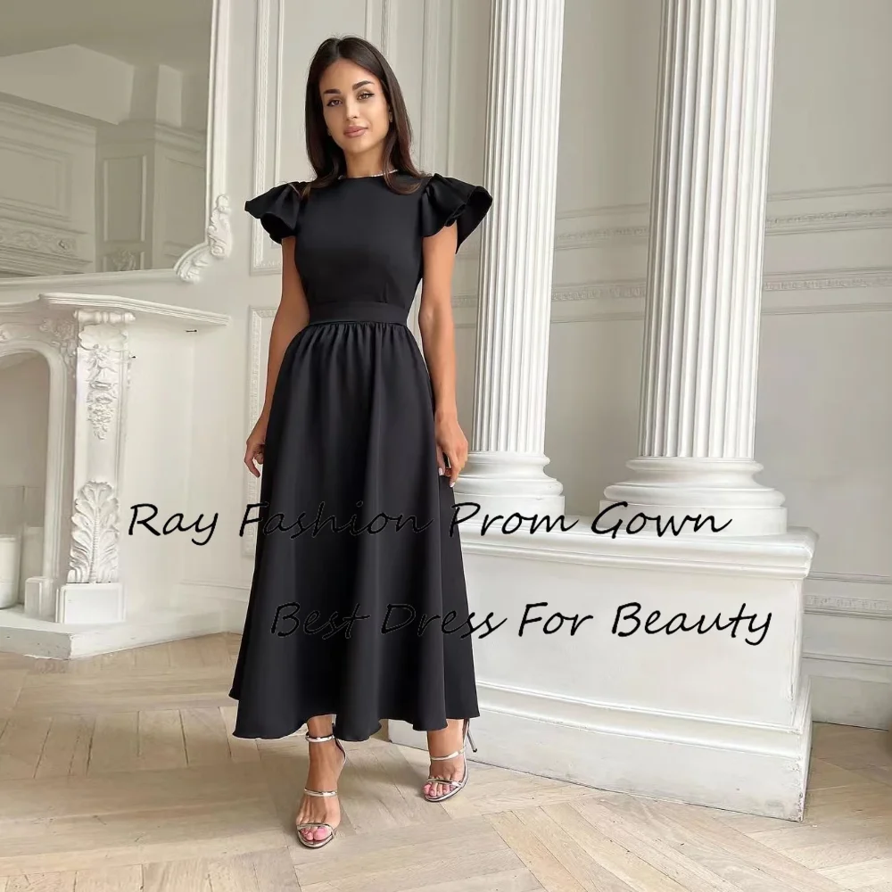 Ray Fashion A Line Evening Dress Boat Neck With Short Sleeves Tiered Tea Length For Formal Occasion فساتين سهرة Saudi Arabia