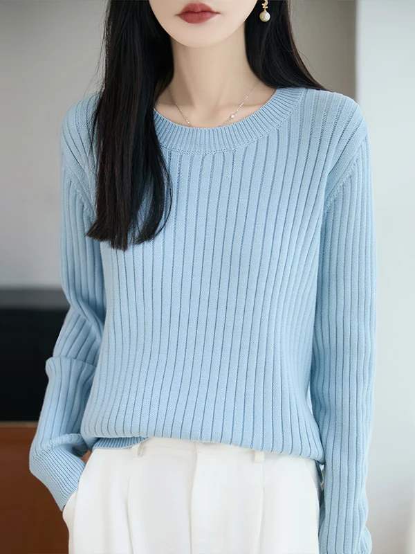 Women's Loose Fit Long Sleeve Knitwear round Neck Pure Cotton Sweater Stylish Inner Wear Slimming Base Layer Shirt Autumn Win...