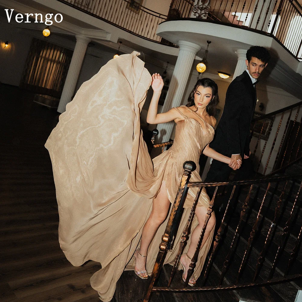 

Verngo Brown Shiny Satin Evening Dress One Shoulder A Line Prom Party Gowns Women Elegant Formal Occasion Dresses Customized
